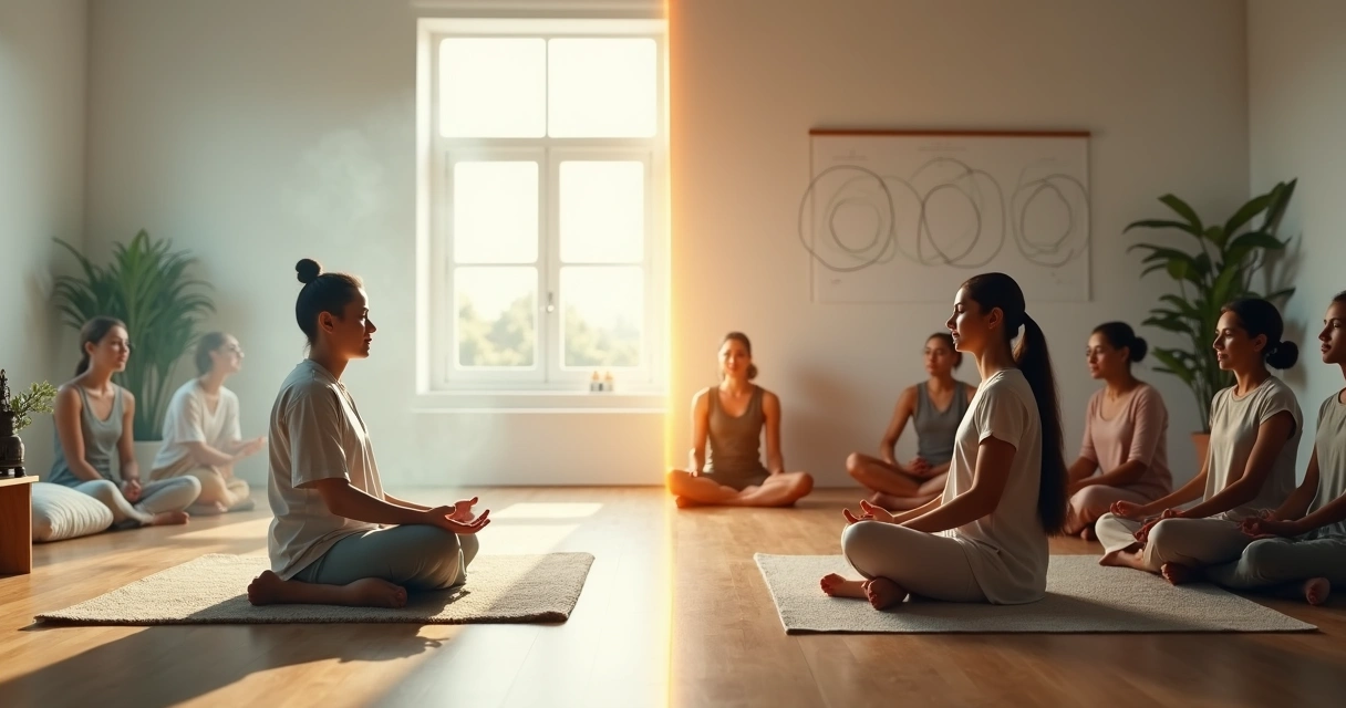 Split scene contrasting Marquesian and traditional meditation practices 