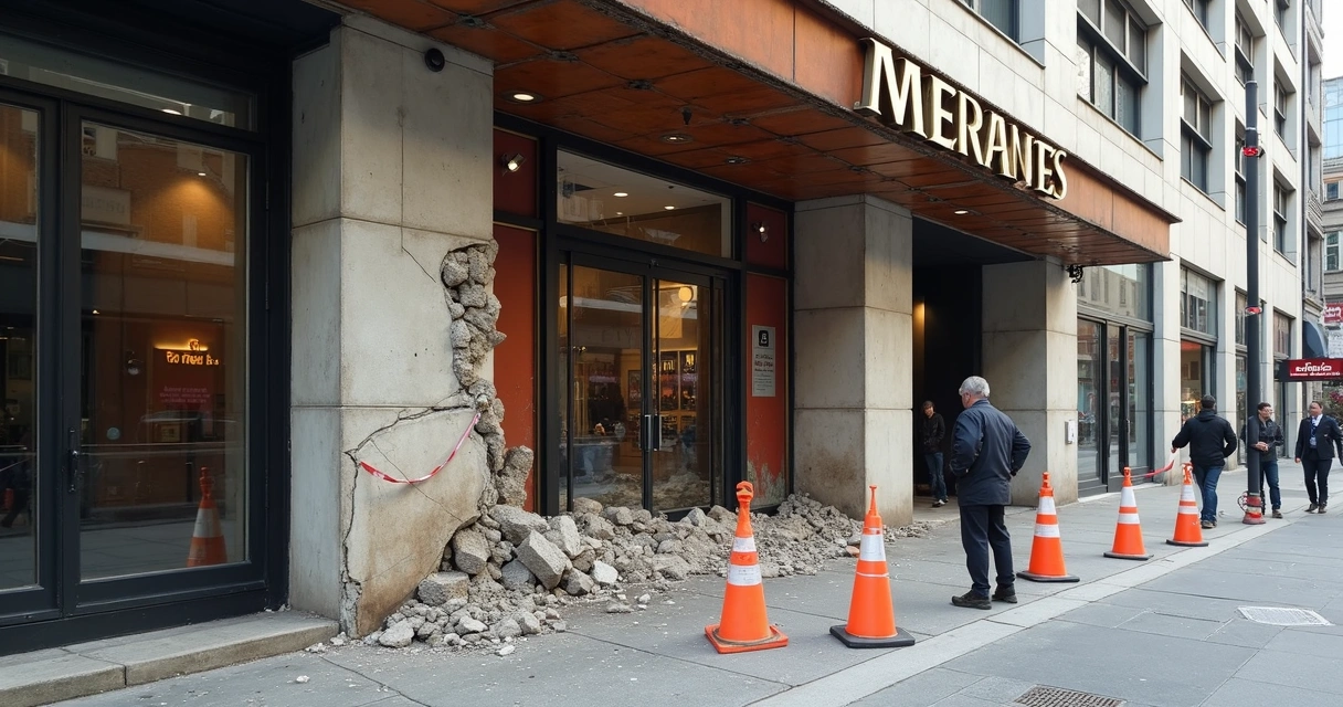 Marquise de concreto com fissuras, armaduras expostas e pedaços soltos 