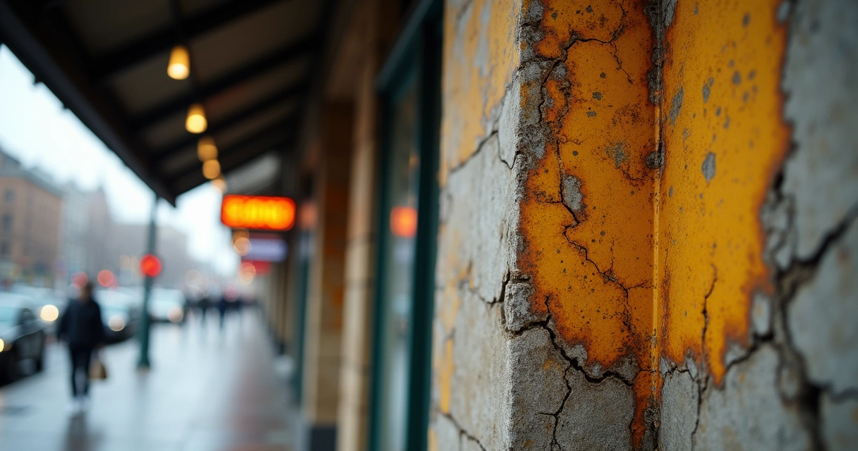 Marquise com ferrugem e manchas de infiltração visíveis 