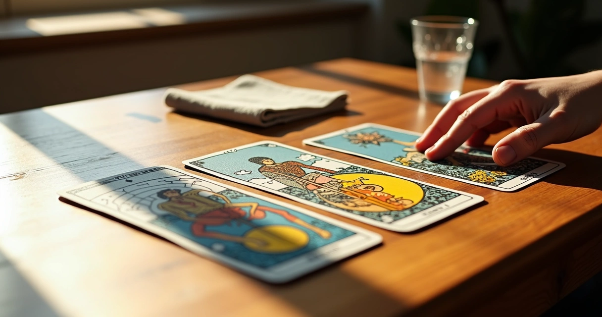Tarot of Marseilles cards arranged artistically on wood 