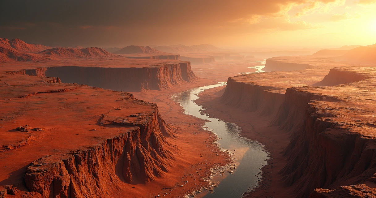 Formações geológicas em Aeolis Dorsa em Marte mostrando canais e deltas que indicam presença de água antiga 