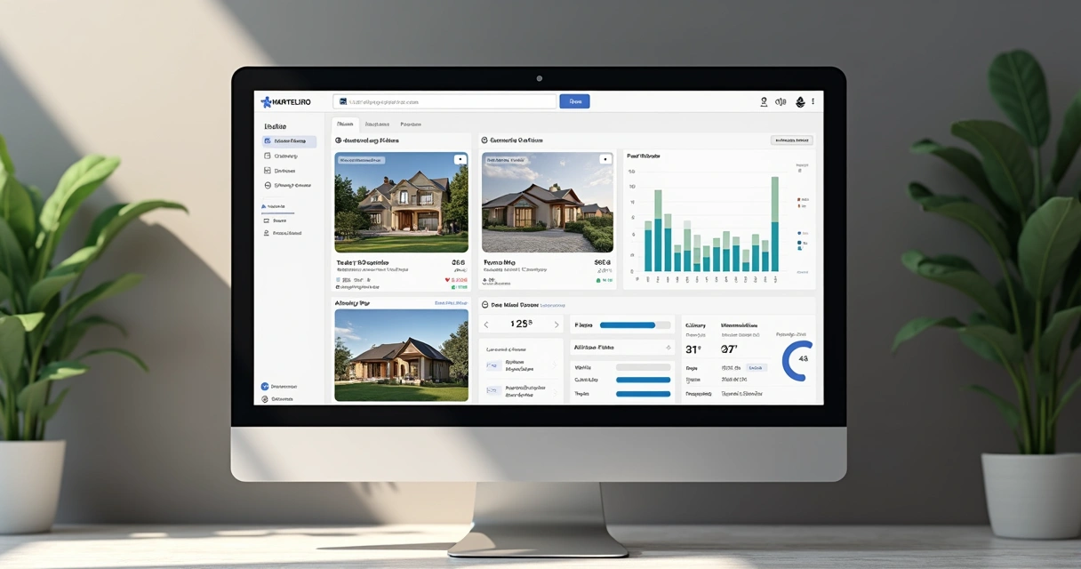 Tela da plataforma Marteleiro com listagem de imóveis, filtros e gráficos de análise 