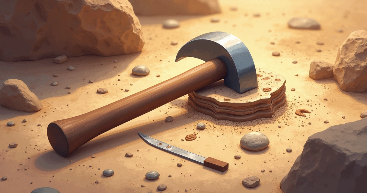 Martelo geológico bate em pedra buscando fósseis 