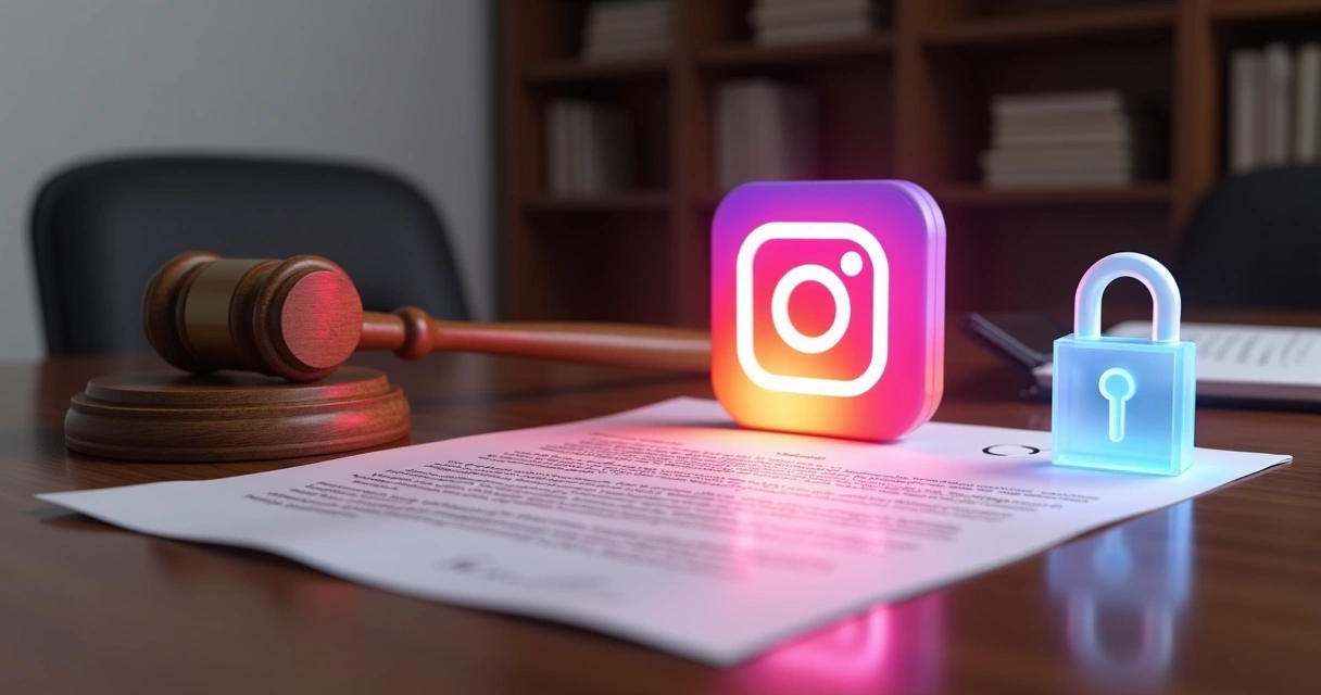 Martelo de juiz ao lado do logo do Instagram sobre mesa com contrato e cadeado digital 