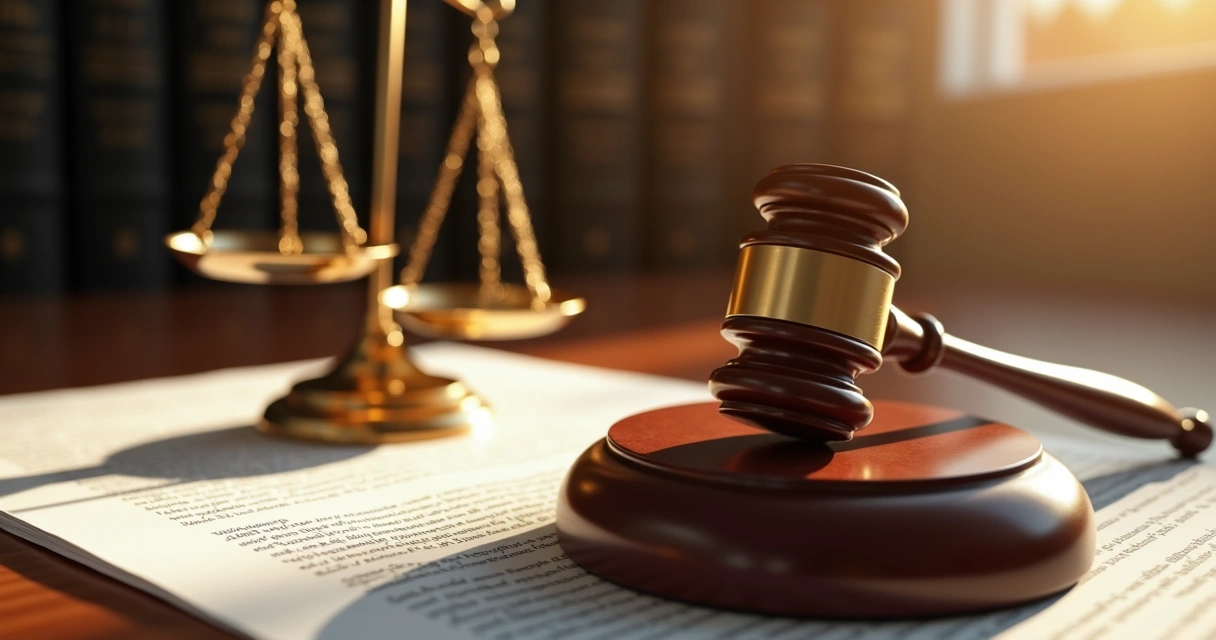 Martelo de julgamento e símbolos do direito em mesa clara 