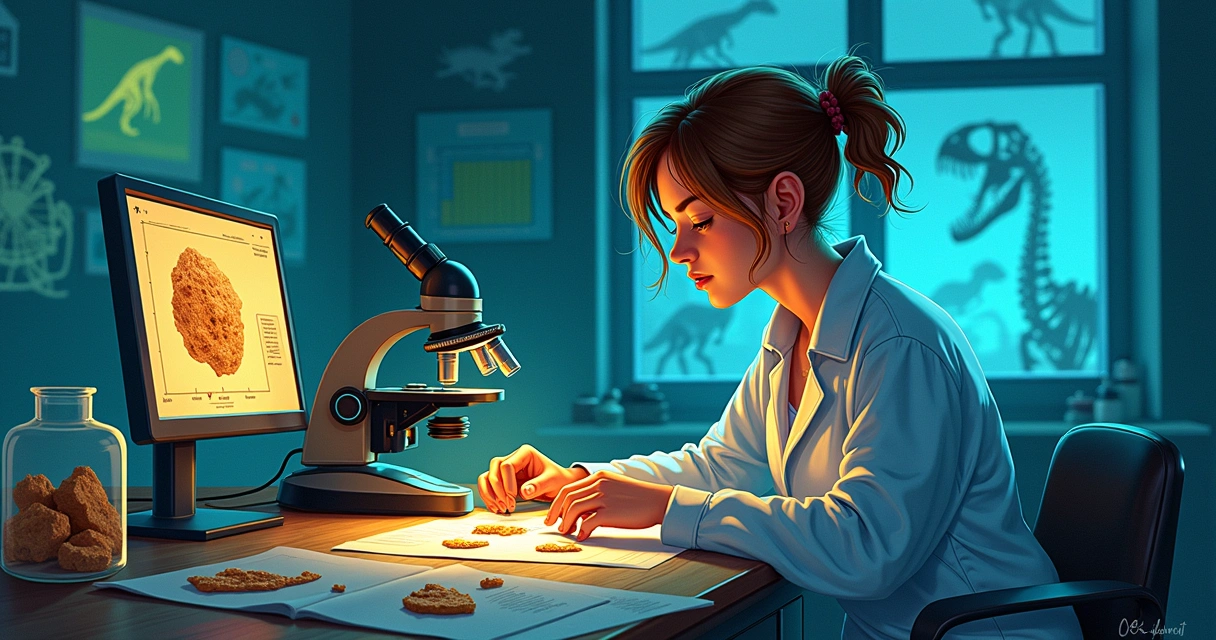 Ilustração de Mary Schweitzer em um laboratório, analisando um fêmur de T. Rex com tecidos moles visíveis.