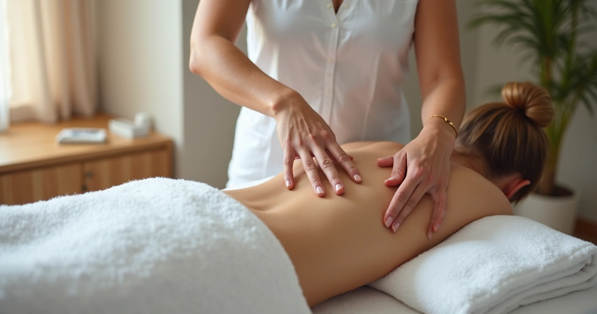 Terapeuta realizando masaje linfático en abdomen femenino