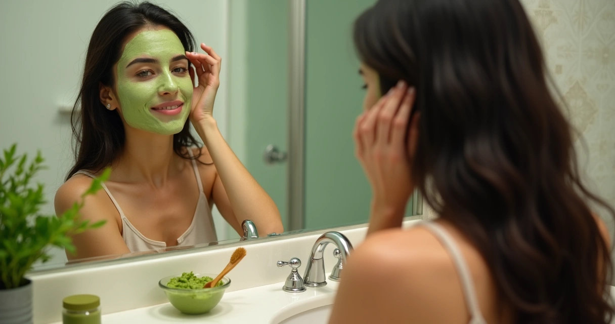 Mulher aplicando máscara capilar verde nos cabelos 