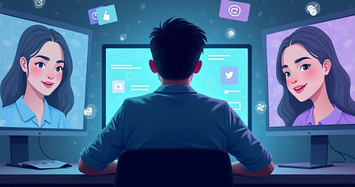 Pessoa em ambiente digital com partes do rosto cobertas por elementos gráficos 