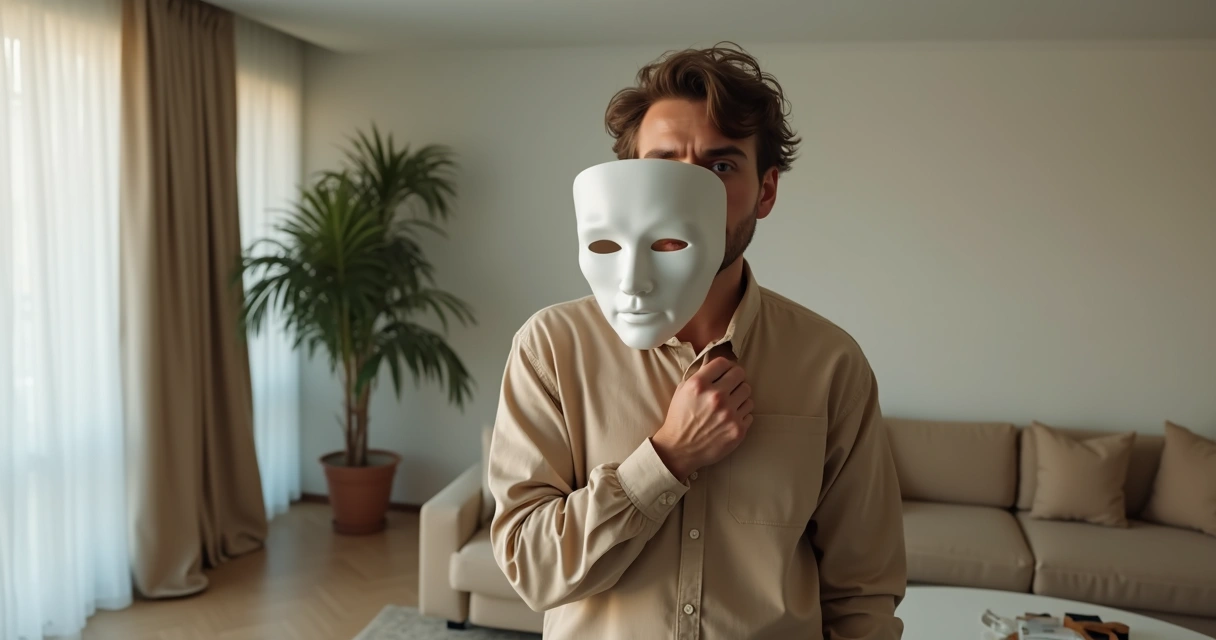 Pessoa retirando máscara diante do espelho simbolizando disfarces do ego nas relações 