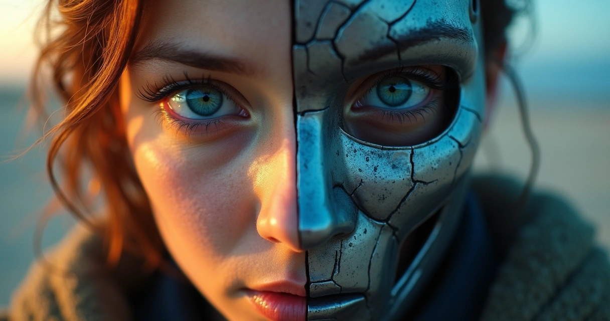 Máscara metade humana metade mecânica contrastando emoções e frieza 