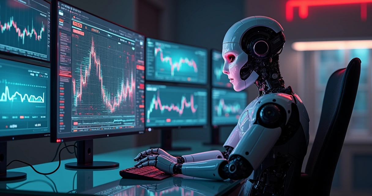 Máscara digital sobre robô de trading em cenário de criptomoedas 