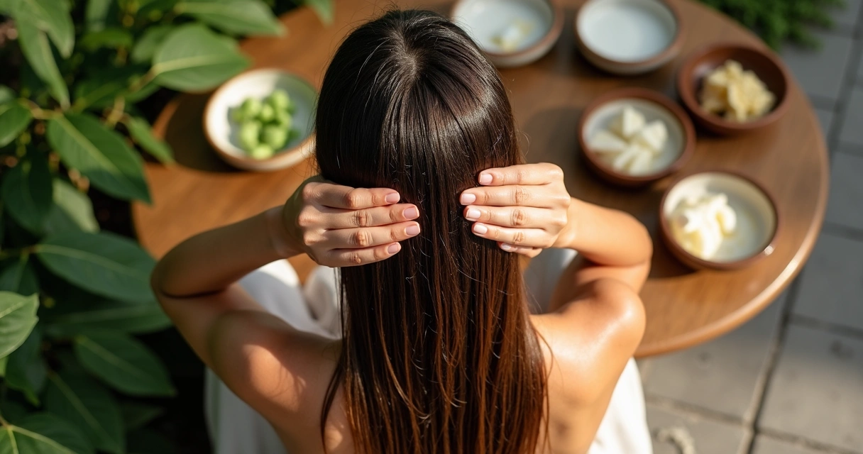 Máscara de hidratação natural sendo aplicada em cabelos longos em ambiente iluminado pelo sol 