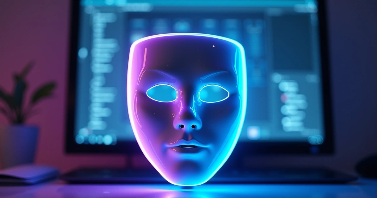 Máscara estilizada diante de tela de computador simbolizando identidade digital