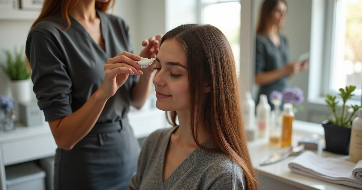 Aplicação de máscara nutritiva em cabelos de mulher em salão de beleza 
