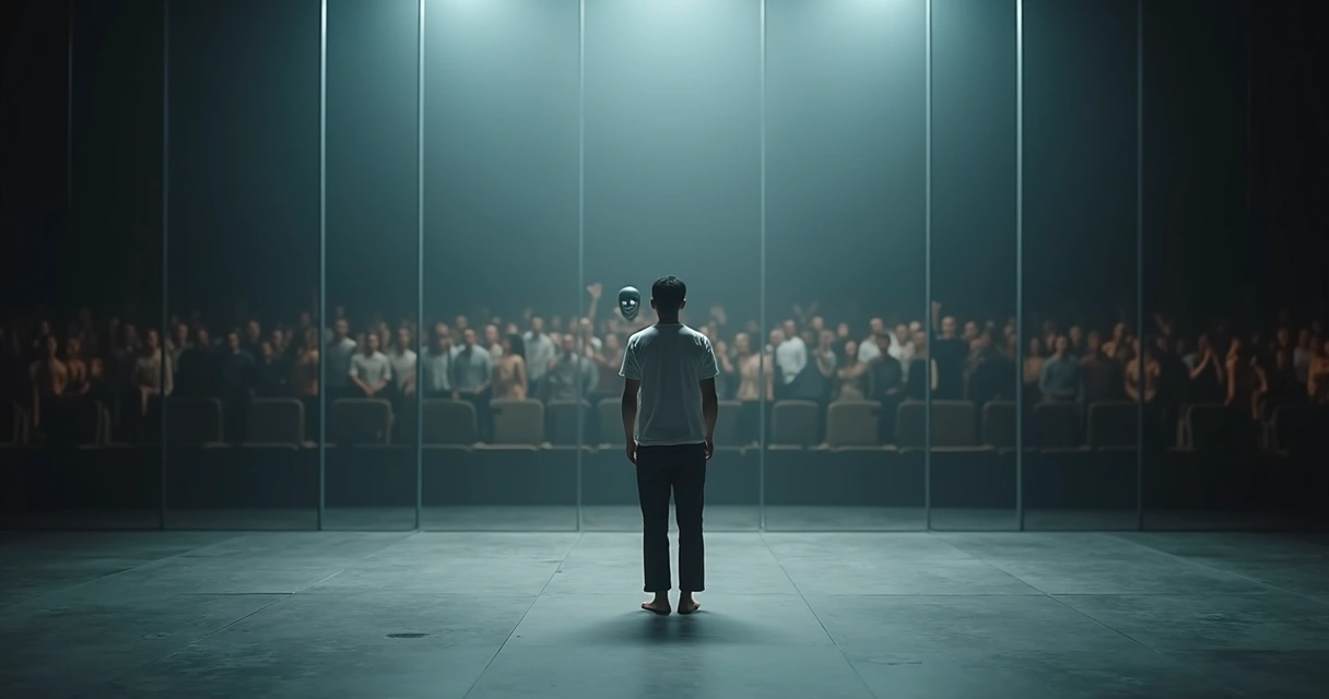 Pessoa solitária em palco segurando máscara diante de reflexo múltiplo em vidro 