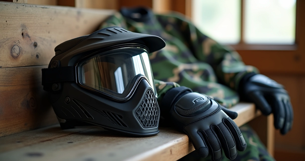 Máscara de proteção pintball e luvas em destaque 