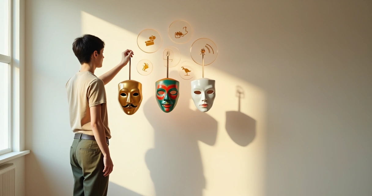 Pessoa segurando máscaras arquetípicas diante de parede com símbolos 