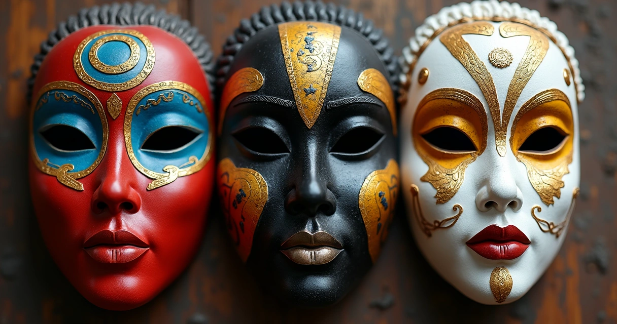 Máscaras coloridas com motivos indígenas, africanos e europeus lado a lado 