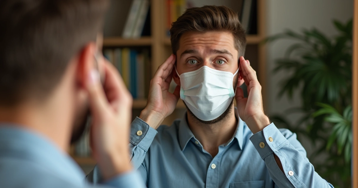 Homem ajustando uma máscara neutra no rosto diante de um espelho, em um ambiente doméstico