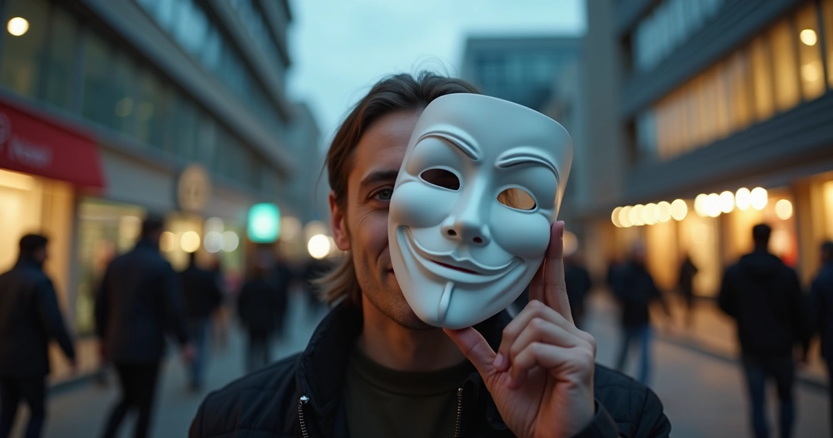 Pessoa segurando máscara teatral diante do rosto em ambiente urbano 