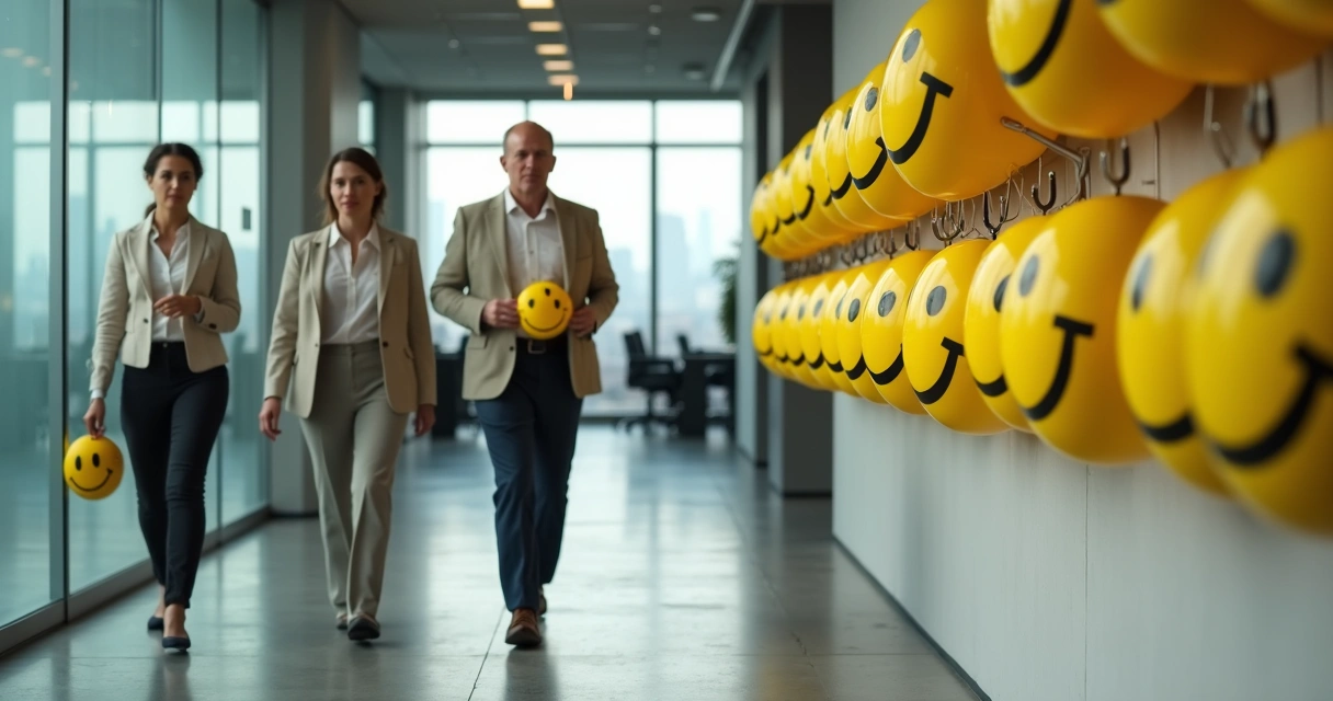 Equipe em escritório com máscaras sorridentes removidas da parede 