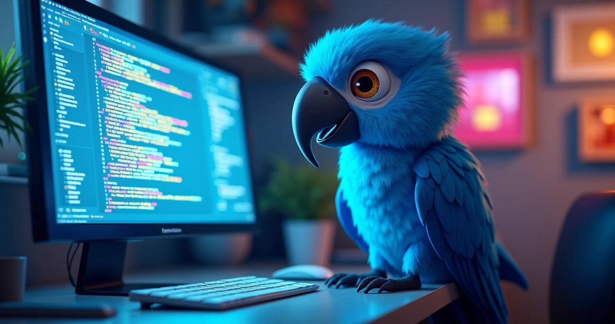 Mascote arara azul em ambiente de tecnologia vibrante 