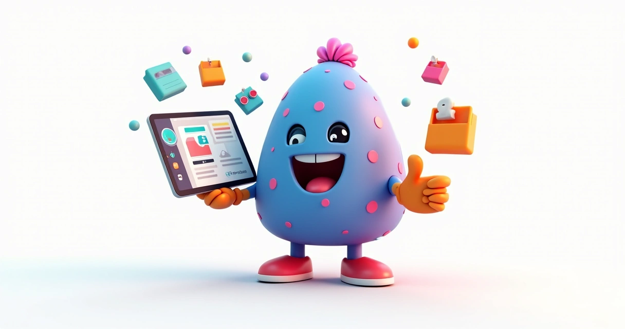 Mascote de aplicativo feliz segurando tablet com interface Supabase