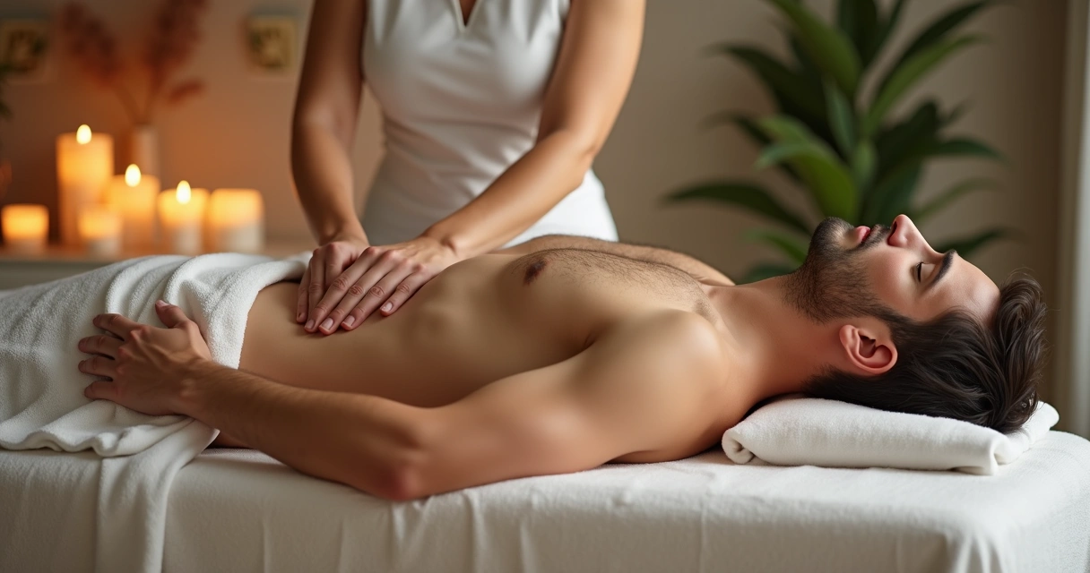 Homem recebendo massagem em ambiente relaxante 