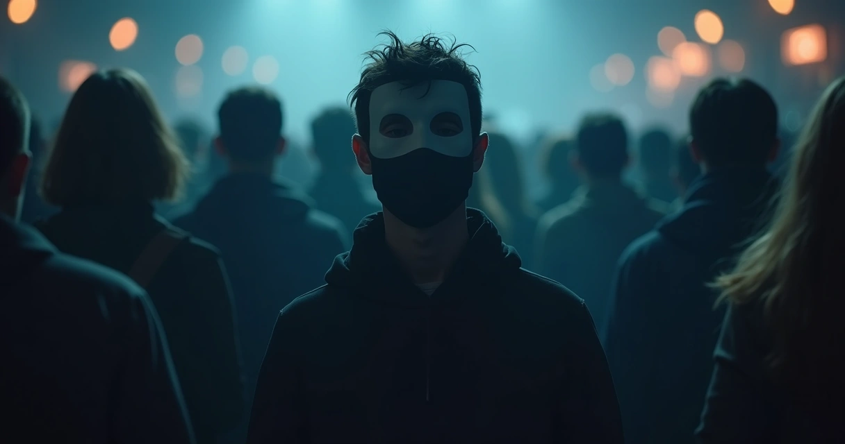Person standing among a crowd wearing a mask 