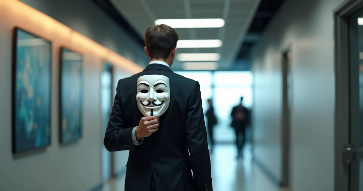 Office worker holding a smiling mask behind their back while walking down a hallway 