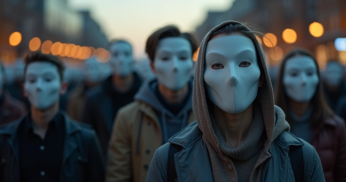 Crowd wearing neutral masks with one person showing an uncovered thoughtful face 