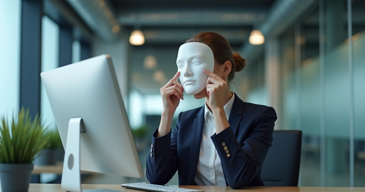 Professional adjusting a neutral mask in an office 