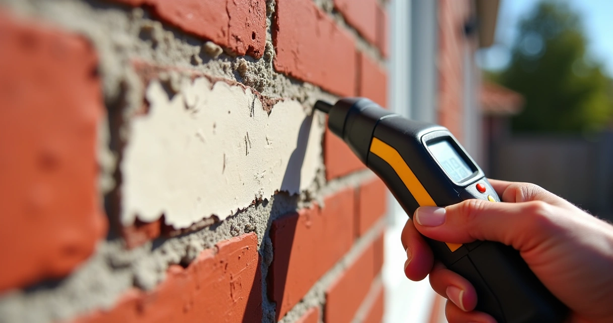 Closeup view of peeling paint on brick masonry in Florida 