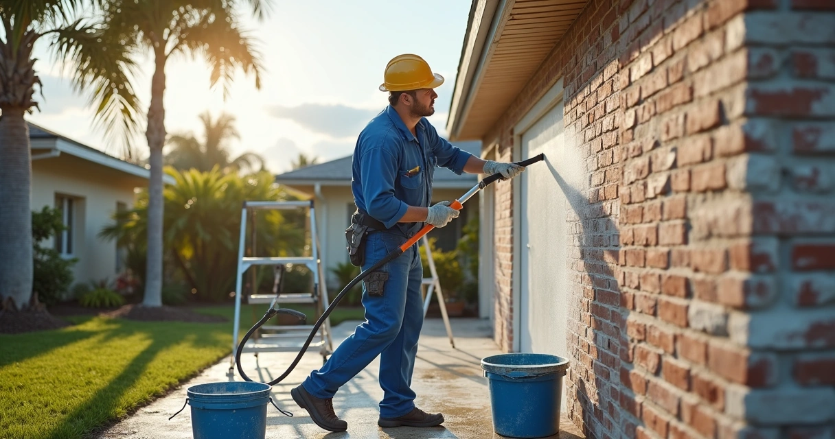 Professional priming brick exterior surface before painting 