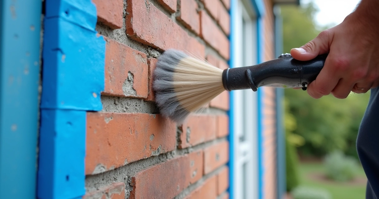 Technician cleaning old masonry wall in Central Florida 