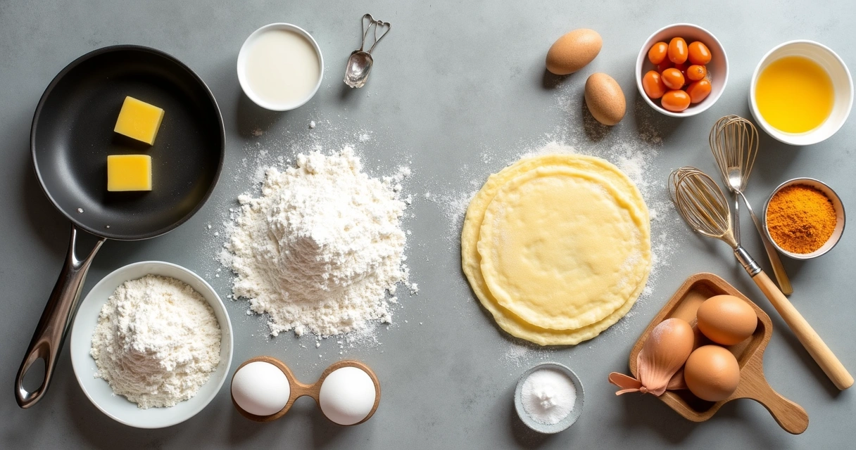 Ingredientes para crepe francês e crepe suíço separados lado a lado em uma bancada. 