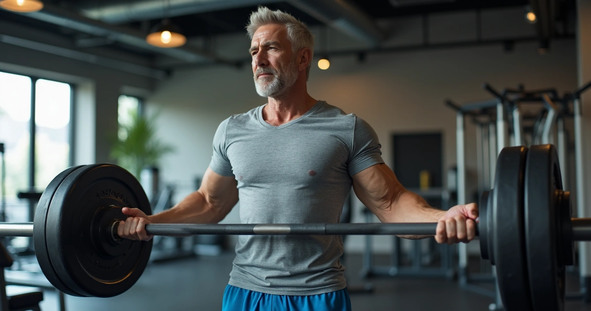 Homem de meia idade praticando musculação, destacando massa muscular 
