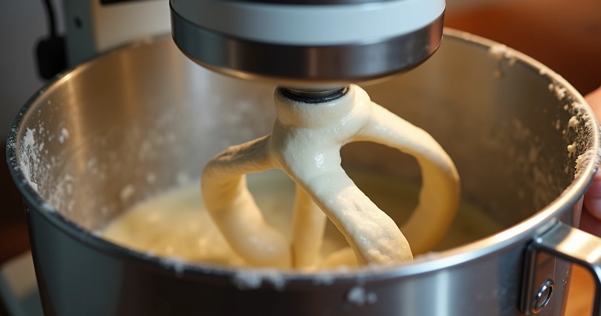 Massa de pão sendo sovada por gancho planetário em tigela inox 