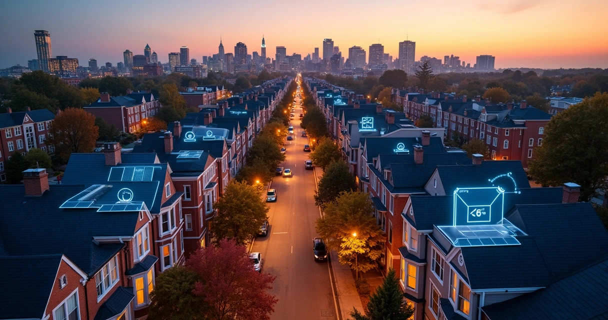 Massachusetts cityscape with solar rooftops glowing as highlighted leads 