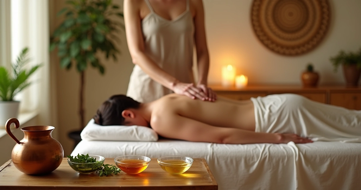 Terapeuta aplicando massagem Abhyanga com óleos em ambiente de spa ayurvédico 