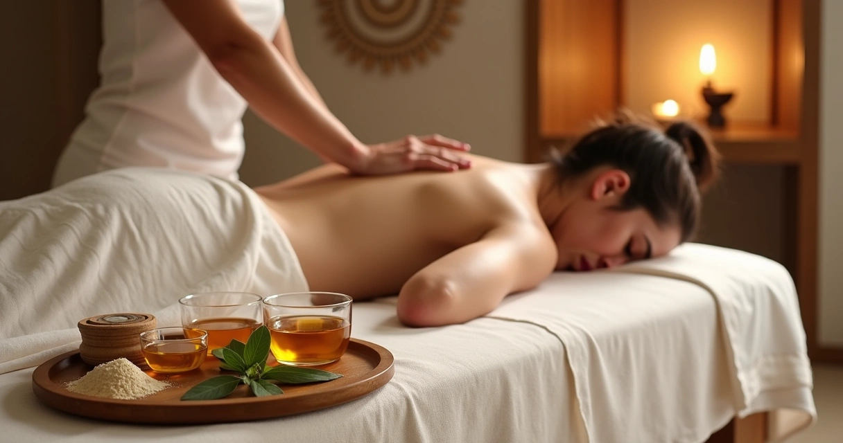 Profissional aplicando massagem ayurvédica com óleos em ambiente de spa tranquilo 
