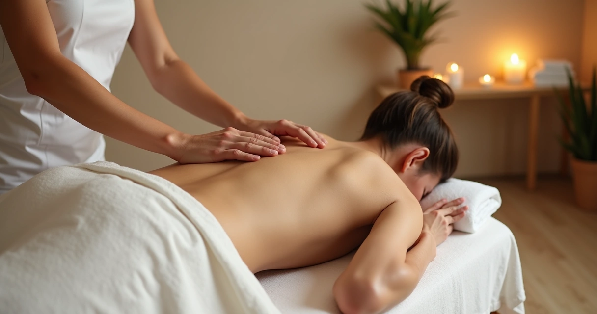 Profissional realizando massagem californiana em ambiente de spa aconchegante 