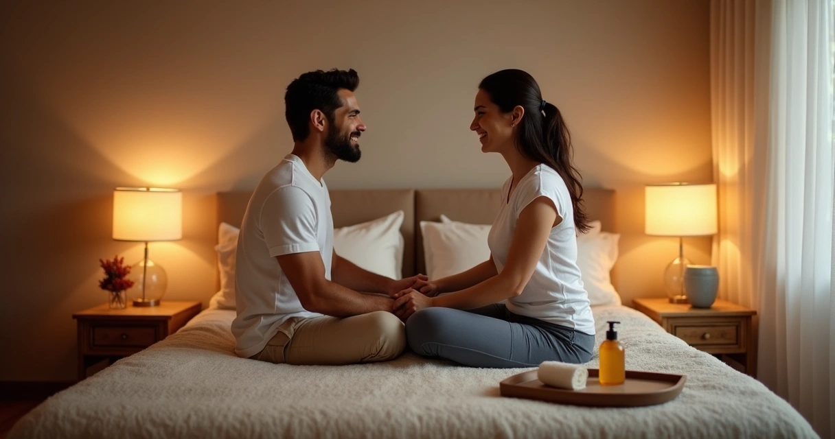 Casal trocando massagem em ambiente aconchegante 