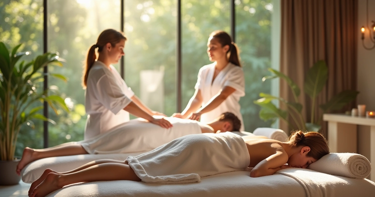 Casal recebendo massagem relaxante em spa luxuoso com vista para a natureza, ambiente aconchegante 