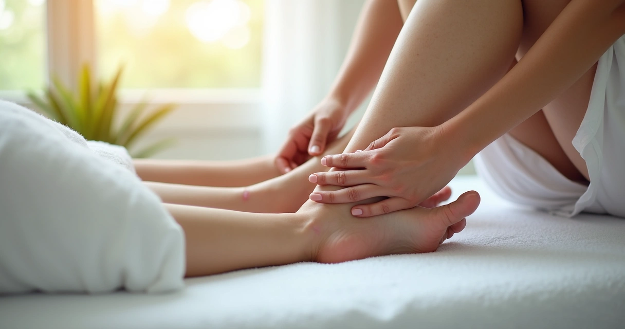 Mãos realizando massagem relaxante em pernas femininas