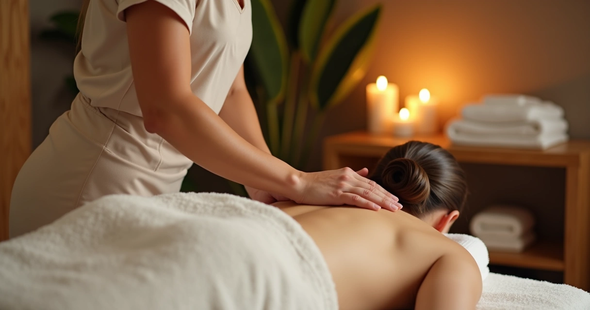 Profissional de massagem atendendo cliente em maca em ambiente discreto e acolhedor 