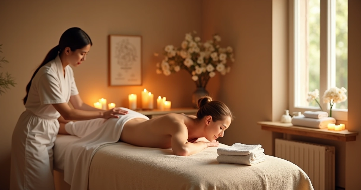 Profissional realizando massagem corporal em ambiente relaxante 