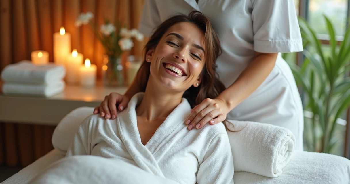 Massagem relaxante em noiva no spa com velas e flores brancas 