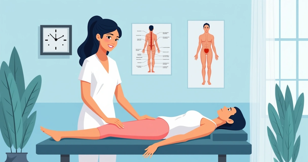 Profissional realizando movimentos suaves de massagem nas pernas de uma paciente com lipedema, deitada em maca 